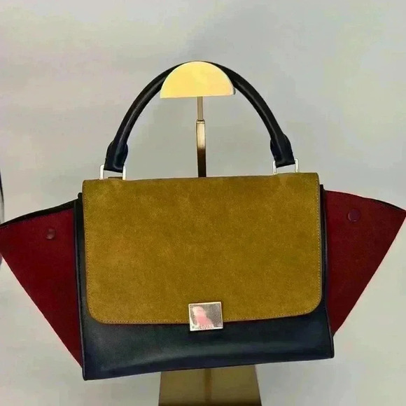 Celine Trapeze 2-way Olive Suede & Burgundy Tricolor Leather Handbag Authentic - Picture 1 of 12